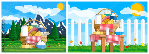 Dairy products in basket and table. Milk and cheese day celebration with fresh farm food. Rural landscape and picnic outdoor concept.