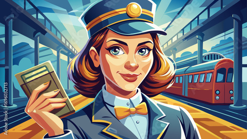 Close-up portrait of female train conductor holding ticket punch. Isolated background conveys professionalism, precision, and railway charm.