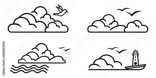 Minimalist Cloud and Bird Icons Set.