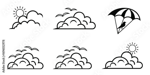 Minimalist Icons of Clouds Sun Birds and Parachute.