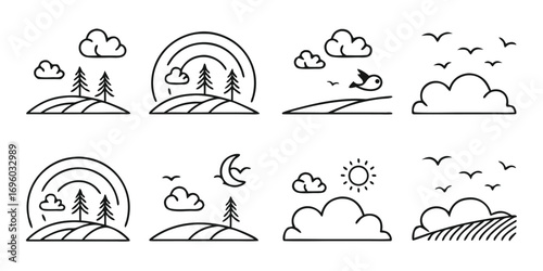 Minimalist Landscape Icons with Nature Elements.