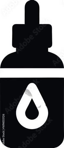 A silhouette vector of a dropper bottle with a liquid drop symbol on its body for beauty cosmetic or pharmaceutical products