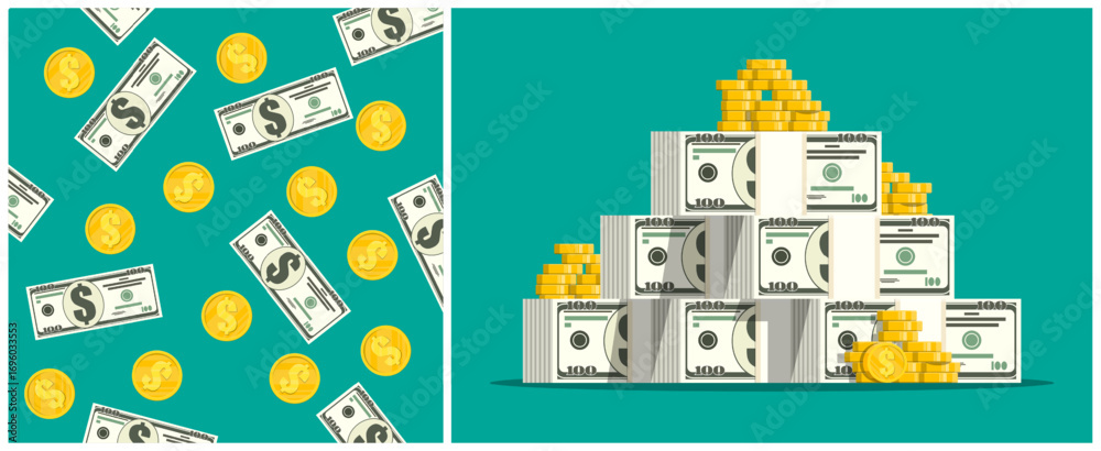 Obraz premium Money saving concept with dollar banknotes and coin icon. Treasure and wealth background. Cash economy and investment fund idea.