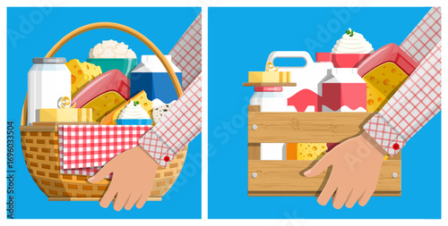 Man holding farm dairy product in basket. Farmer delivers eco friendly fresh organic milk cheese butter. Natural healthy food production concept.
