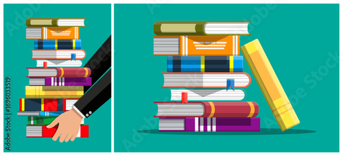 Hand of a man adding a book to a stack of books. Learning and education concept. Flat style vector illustration for book store.