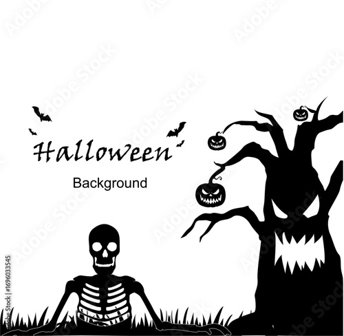 Modern Halloween silhouette vector illustration with skulls, bats, pumpkins, ghosts, and trees on a white background. Decorate your design for poster banners, greeting cards, and Halloween party invit