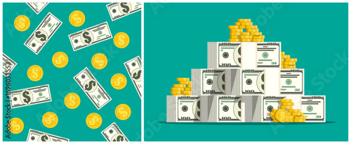 Money saving concept with dollar banknotes and coin icon. Treasure and wealth background. Cash economy and investment fund idea.