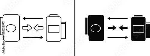Camera Icons Communication: Simple camera icons with arrows symbolize the exchange of images in a clear, modern aesthetic, capturing the essence of digital communication.