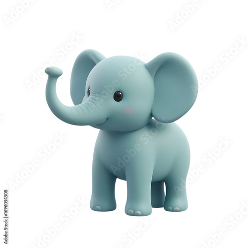 A light blue cartoon elephant with big ears and a raised trunk on a black background standing still