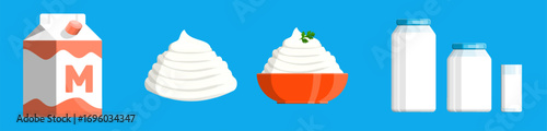 Farm product set with milk pack, bottles, whipped cream on plate. Concept of dairy food and healthy nutrition, for advertisement.