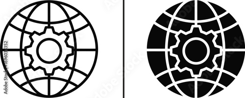 Global Connection:  A digital representation of a gear within a globe, symbolizing global connectivity and technological advancement in a minimalist, high-contrast style. 