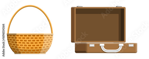 Wicker basket and open brown suitcase. Travel and picnic accessories. Flat style vector set collection illustration for holiday.