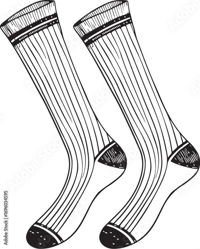Stockings Socks Vector Illustration, Sketch Drawing Line Linear Symbol Icon Engraving Coloring Book, Hand-drawn Doodle Black and White Isolated