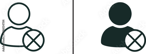 User Icon, prohibition of user: Illustrative user icons, with one in outline and the other in filled-in form, display a universal symbol of prohibition, signifying user restriction or access denial.