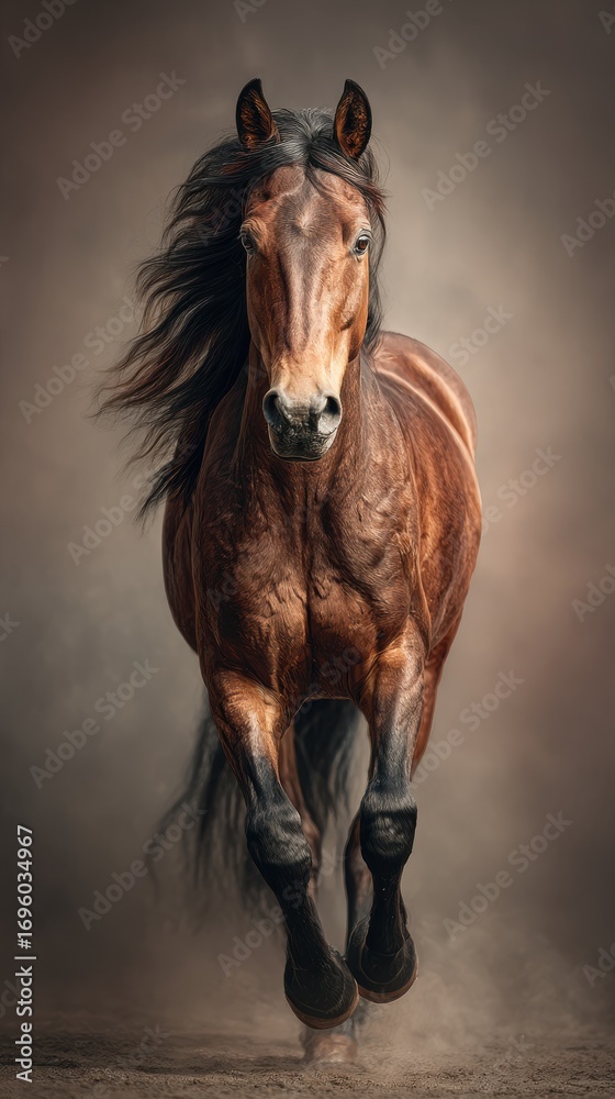 Fototapeta premium Majestic brown horse galloping powerfully across a dusty field under dramatic lighting conditions