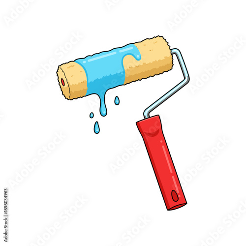 Cartoon Paint Roller with Dripping Blue Paint.