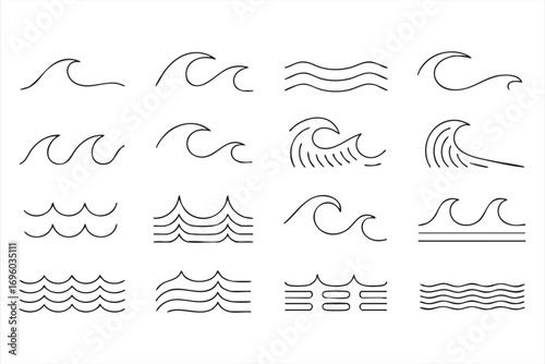 Wave Line Icon Set Vector Water and Ocean Symbols Collection