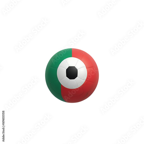 A soccer ball with green and red panels and a white center on a black background in a centered shot