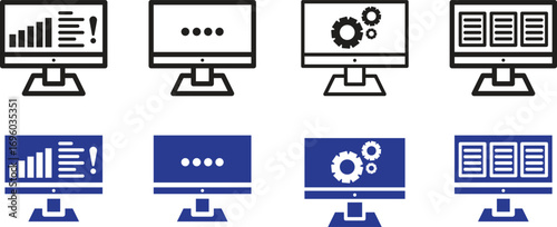 
A set of computer monitor icons representing various functions and statuses. The icons include symbols for network alerts, login, settings, and data servers, shown in both outlined and solid blue sty