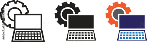 
An icon representing computer settings, configuration, or technical service. It features a laptop with a large gear behind it, shown in outline, solid, and multi-color versions.