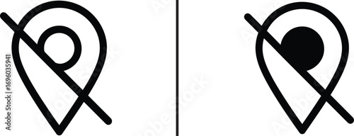 Location Unavailable Icon: A striking black and white graphic showcasing two crossed-out location icons, signifying a place that is inaccessible. conveying the idea of restriction. 