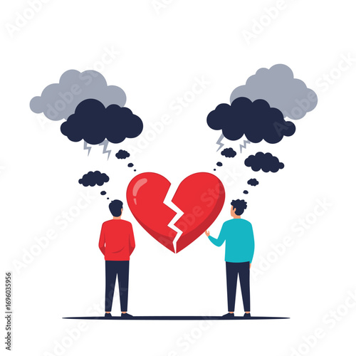 Two people facing each other separated by a broken heart with stormy clouds above their heads symbolizing conflict and emotional distress