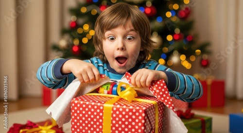 Excited child unwrapping a christmas present with a surprised expression