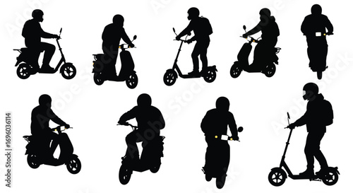 various silhouettes of people riding scooters and motorcycles