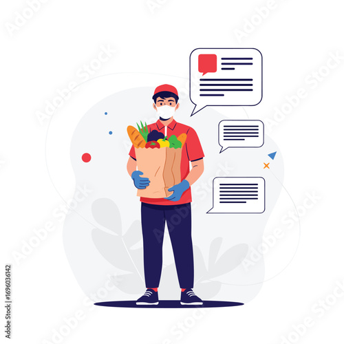 Grocery delivery service personnel carrying bag full of food items illustration