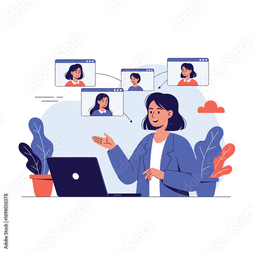 A woman leading an online meeting with colleagues connecting from different locations via video conference