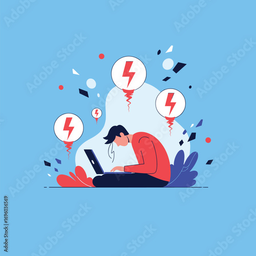 Depressed person struggling with online learning and work stress caused by system failure