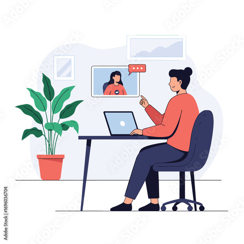 Remote worker participating in an online meeting and collaborating with colleagues on a project using a laptop and video conferencing technology