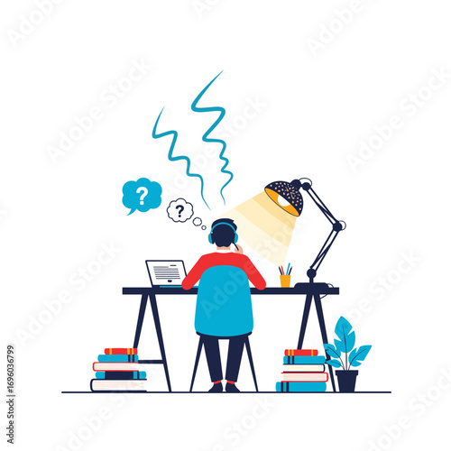 Young student studying late at night feeling overwhelmed by difficult homework assignments