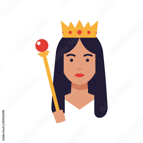 Flattened Illustration of a Regal Female Figure with Crown and Scepter.