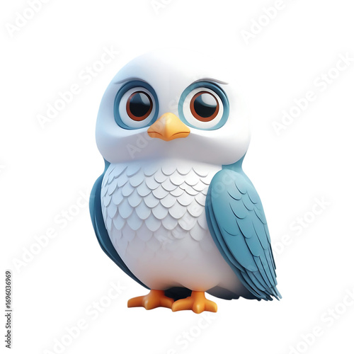 Illustration of a cartoon bird with white and blue feathers standing on a black background looking forward