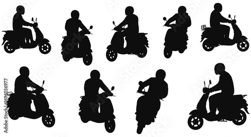 various silhouettes of people riding scooters and motorcycles
