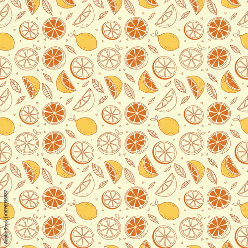 Seamless Citrus Lemons and Oranges Outline Pattern, Warm Line Art on Cream
