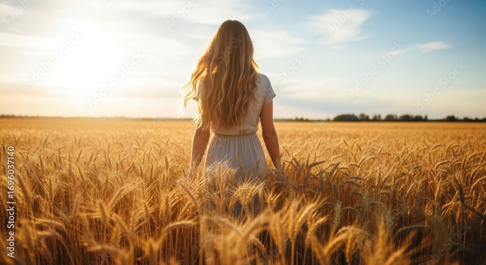 Fototapeta premium Woman in Wheat Field at Sunset, Freedom and Nature Concept