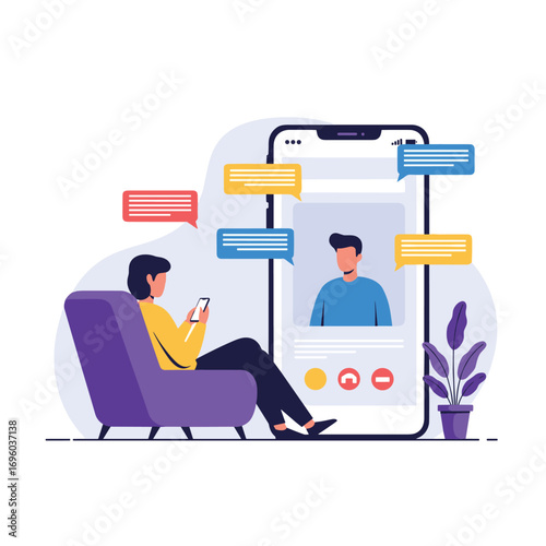 Modern digital communication concept with person on phone and video call interface