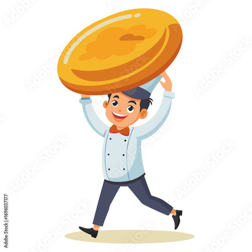 Creative vector illustration of a male chef flipping a giant omelette over his head in clean, commercial style