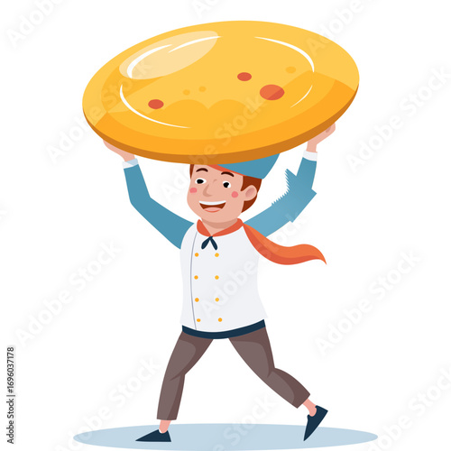 Creative vector illustration of a male chef flipping a giant omelette over his head in clean, commercial style