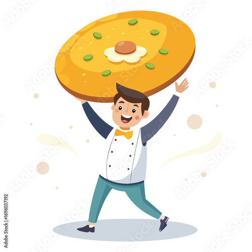 Creative vector illustration of a male chef flipping a giant omelette over his head in clean, commercial style