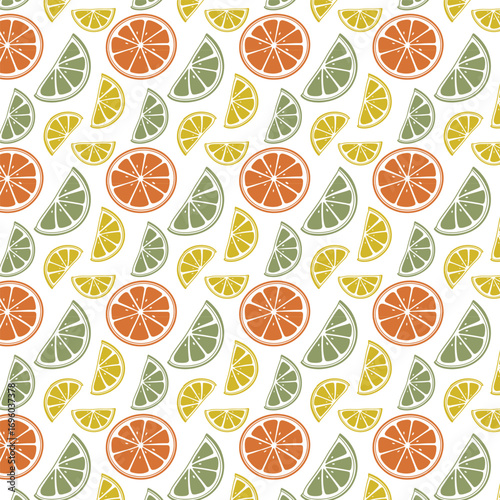 Orange, lemon and lime slices in a colorful seamless pattern. Fresh citrus background for print and web.