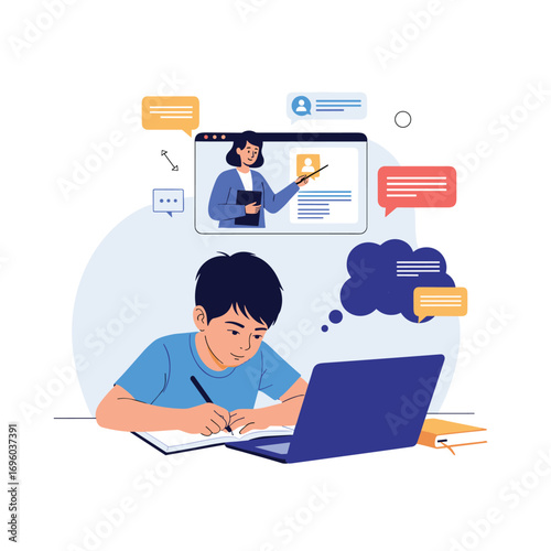 Engaging online learning experience for a young student interacting with a virtual teacher on a digital platform