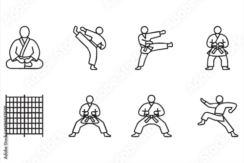 Line Art Icons of Karate Stances Punches and Martial Arts Discipline