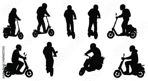 various silhouettes of people riding scooters and motorcycles