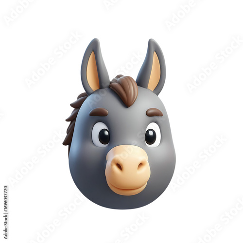 Isolated cartoon donkey head with big eyes and a tan nose on a plain black background studio shot