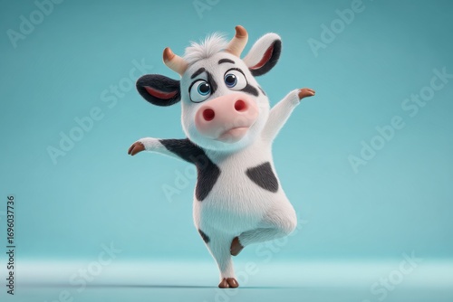 Cute animated cow character balancing on one leg against a blue background with a playful expression