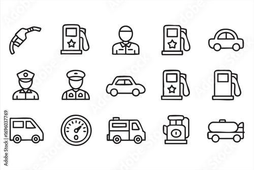 Fuel and Gas Station Vector Outline Icons for Cars Trucks and Service
