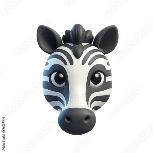 A cartoon zebra head with black and white stripes on a black background looking at the viewer